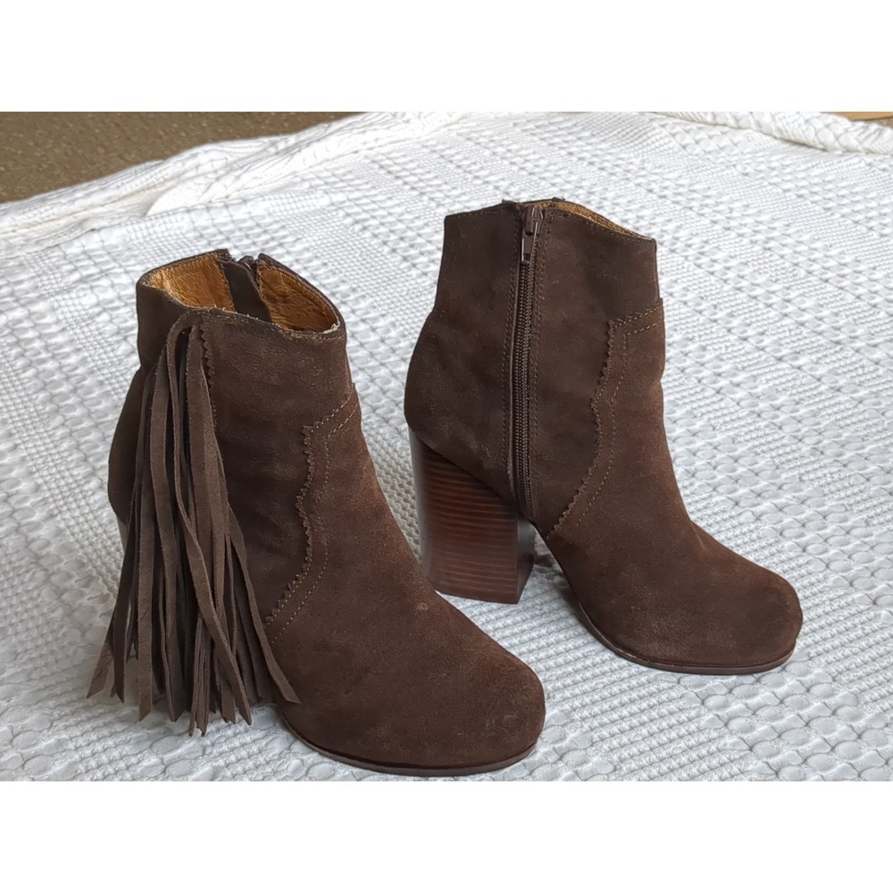 Jeffrey Campbell Fringe Western Heeled Ankle Boots Zip Chocolate Brown Size 7.5 - Picture 2 of 12